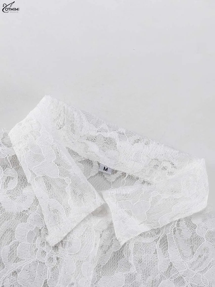 Oymimi Elegant White Lace 2 Pieces Set For Woman Fashion Long Sleeve Single Breasted Shirts And High Waist Full Length Pants Set