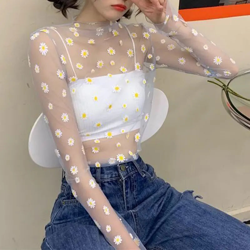 Korea Style Mesh T Shirt Lace Flower under Shirt Long sleeve transparent Tshirt Sexy Black Lace See through Mesh Tee Tops Women