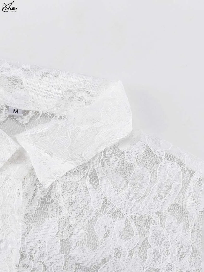 Oymimi Elegant White Lace 2 Pieces Set For Woman Fashion Long Sleeve Single Breasted Shirts And High Waist Full Length Pants Set