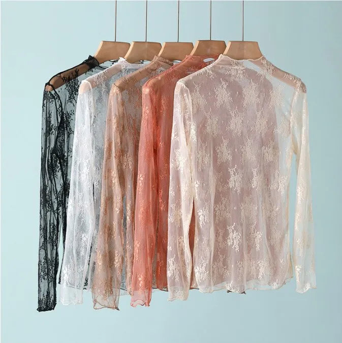 Korea Style Mesh T Shirt Lace Flower under Shirt Long sleeve transparent Tshirt Sexy Black Lace See through Mesh Tee Tops Women