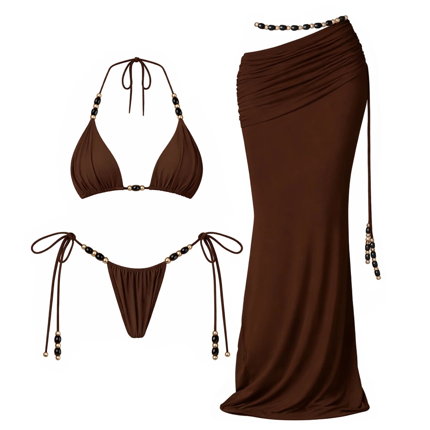 Bikini Bandeau Vert 3 Pièces À Perles, Sexy, Avec Jupe En Résille, Style Push-up, Idéal Pour La Plage.