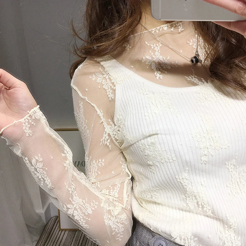 Korea Style Mesh T Shirt Lace Flower under Shirt Long sleeve transparent Tshirt Sexy Black Lace See through Mesh Tee Tops Women