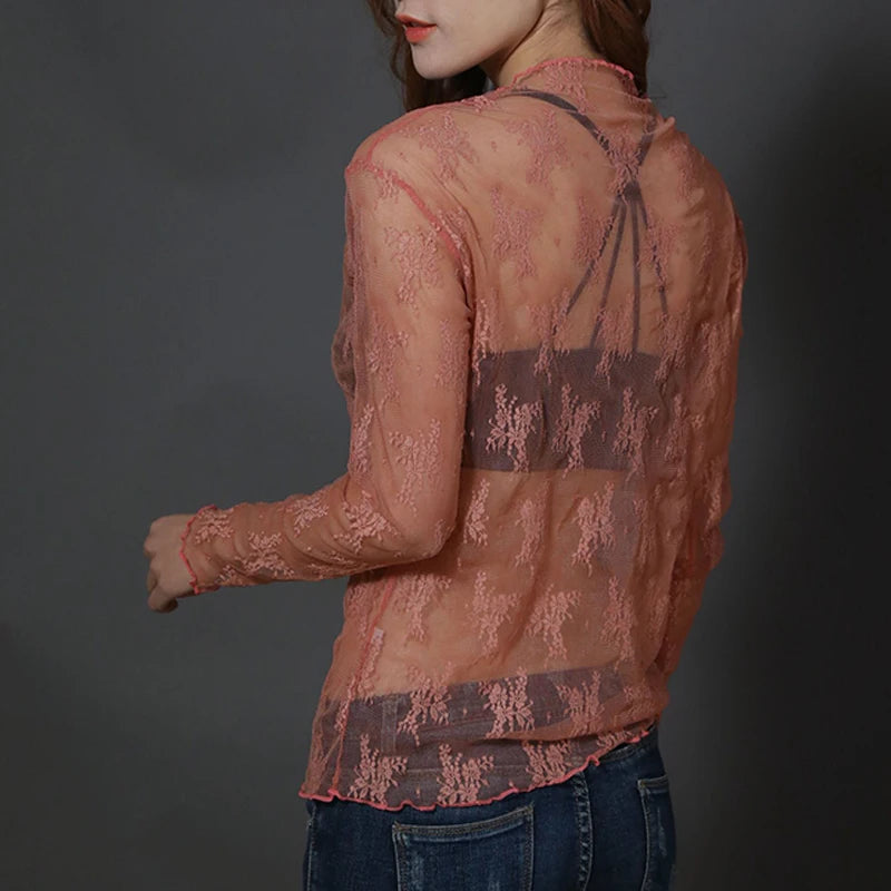 Korea Style Mesh T Shirt Lace Flower under Shirt Long sleeve transparent Tshirt Sexy Black Lace See through Mesh Tee Tops Women