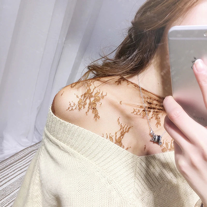 Korea Style Mesh T Shirt Lace Flower under Shirt Long sleeve transparent Tshirt Sexy Black Lace See through Mesh Tee Tops Women