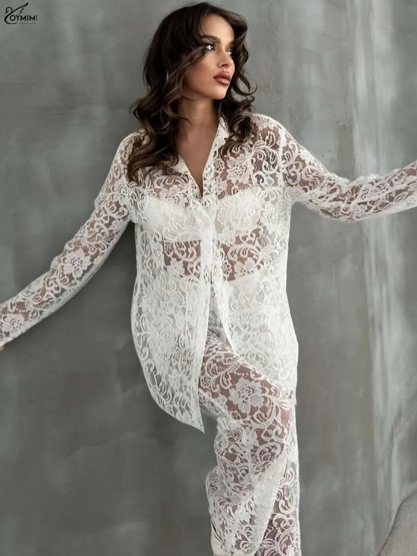 Oymimi Elegant White Lace 2 Pieces Set For Woman Fashion Long Sleeve Single Breasted Shirts And High Waist Full Length Pants Set